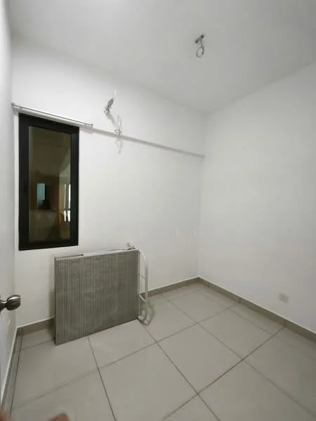 Room features: white painted walls, tile flooring, single window, metal radiator, ceiling light fixture, corner wall shelf, neutral color scheme; style: modern.