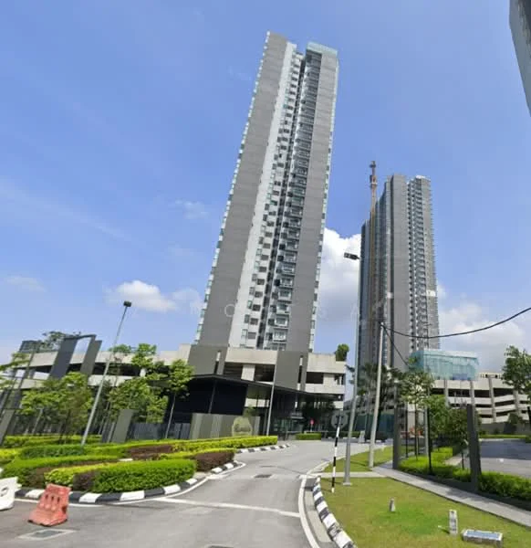 Exterior type: high-rise condominium; features: glass curtain wall, grey painted facade, approximately 20-storey high-rise, manicured lawn, mature trees, paved driveway, surrounded by greenery, multiple towers, modern architectural design; style: modern.