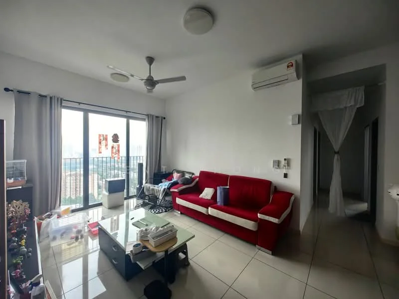 Living features: red fabric sofa, coffee table, floor-to-ceiling windows, curtains, 5-blade ceiling fan, wall-mounted split AC, white painted walls, tile flooring, decorative items on shelves, area rug; style: modern; view: city. Room features: doorway leading to another room, white painted walls, tile flooring.
