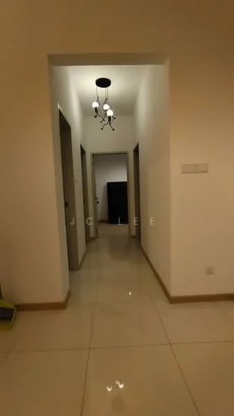 Room features: white painted walls, glossy ceramic tile flooring, ceiling light fixture with multiple bulbs, doorways leading to other rooms, neutral color scheme, baseboards, no visible furniture or decor; style: modern.