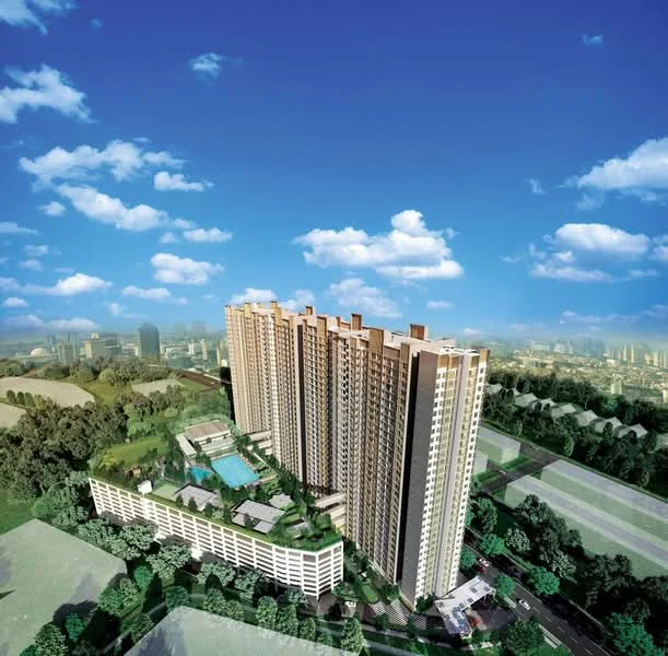 Exterior type: high-rise condominium; features: glass curtain wall, projecting balconies, manicured lawn, swimming pool, outdoor dining pavilion, surrounded by mature greenery, multi-storey car park, landscape garden; style: modern.