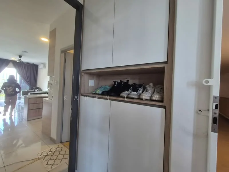 Room features: built-in shoe cabinet, white cabinetry, wooden accents, marble tile flooring, recessed lighting, open layout, view into kitchen, decorative rug; style: modern.