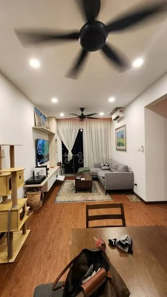 Living features: 3-blade ceiling fan in black, recessed LED downlights, floor-to-ceiling windows, sliding glass door, light grey fabric sofa, coffee table, TV console, wall-mounted TV, area rug with geometric pattern, wooden flooring, decorative wall art, curtains, built-in air conditioning unit; style: modern; view: garden.
