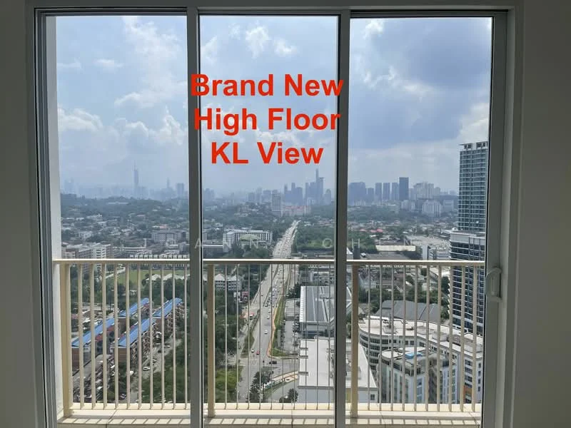 Exterior type: high-rise condominium; features: floor-to-ceiling windows, balcony with railing, city skyline view, urban landscape, high floor, surrounded by greenery; style: modern.