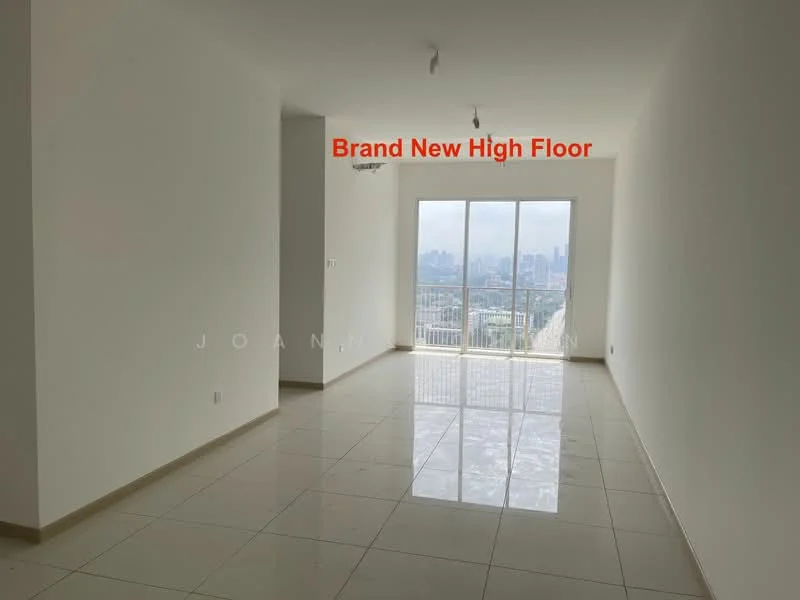 Living features: white painted walls, glossy ceramic tile flooring, floor-to-ceiling windows, sliding glass door, city view, recessed downlights, 1 wall-mounted split AC; style: modern; view: city.