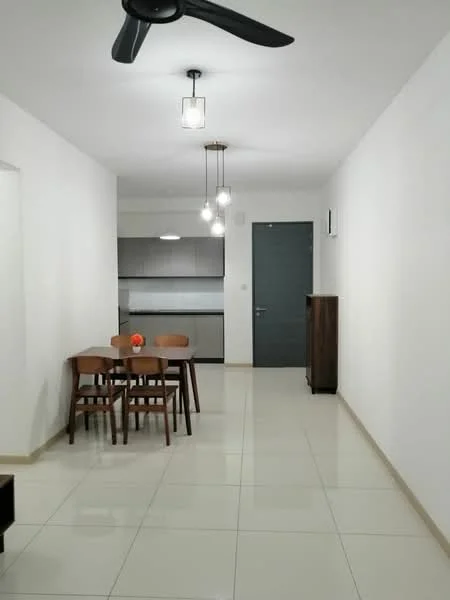 Dining features: dining table with 4 wooden chairs, white painted walls, glossy tile flooring, 5-blade ceiling fan with light, hanging pendant lights, open layout to kitchen, door leading to hallway, neutral decor; style: modern. Kitchen features: grey cabinetry, stainless-steel appliances, countertop with backsplash, recessed lighting, open layout to dining area; style: modern.