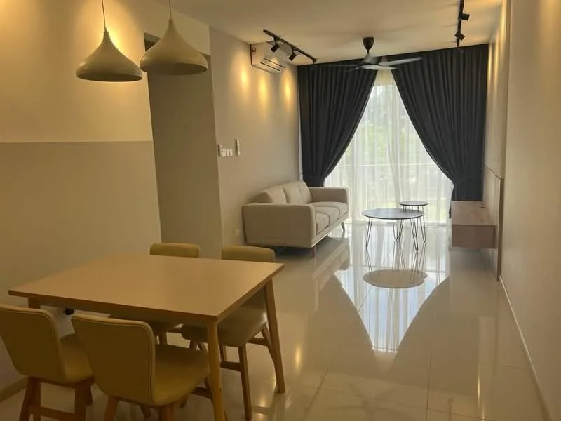 Living features: 3-seater fabric sofa in light color, round glass coffee table, dining table with 4 chairs, floor-to-ceiling windows, blackout curtains, recessed LED downlights, ceiling fan, white painted walls, glossy tile flooring, air conditioning unit; style: modern; view: garden.