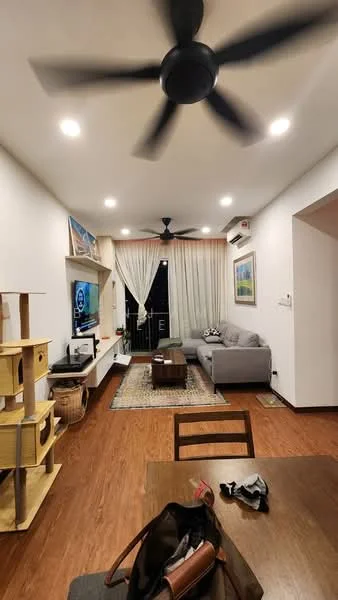 Living features: grey fabric sofa, wooden coffee table, area rug with geometric pattern, wall-mounted TV, TV console, 5-blade ceiling fan with light, recessed LED downlights, floor-to-ceiling windows, sheer curtains, wooden flooring, decorative wall art, open shelving unit, basket for storage; style: modern; view: city.