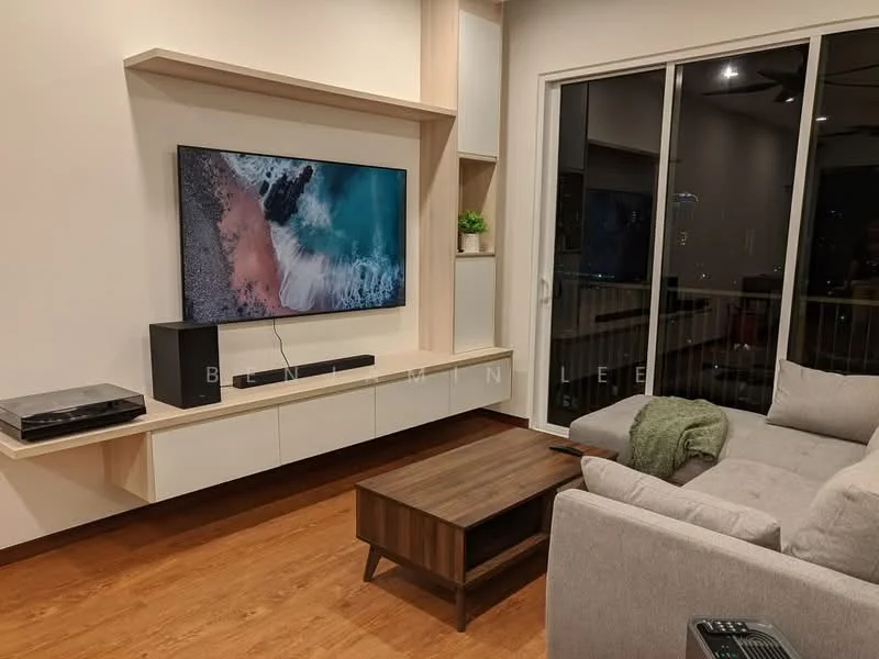 Living features: light grey fabric sofa, wooden coffee table, wall-mounted TV, TV console with storage, floating shelf, decorative plant on shelf, floor-to-ceiling windows, wooden flooring, curtains, green throw blanket; style: modern; view: city.
