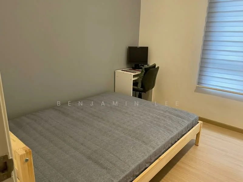 Bedroom features: grey painted walls, wooden bed frame, mattress with grey bedding, study desk, office chair, window with blinds, laminate flooring; style: modern.
