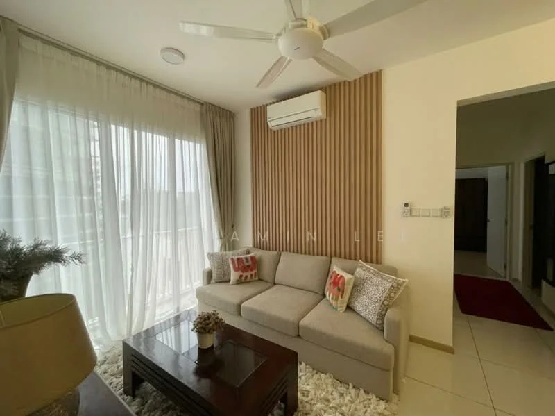 Living features: 3-seater fabric sofa in light grey, coffee table with dark wood finish, area rug with fluffy texture, floor-to-ceiling windows with sheer curtains, wall-mounted split AC, wood panel accent wall, recessed ceiling lights, decorative cushions with patterns, lampshade on side table; style: modern.