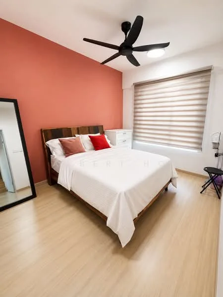 Bedroom features: king-size bed with white bedding, upholstered headboard, 3 decorative pillows in red and brown, wooden bed frame, 2 bedside tables, table lamp, full-length mirror, ceiling fan with light, window with roller blinds, laminate flooring, accent wall in red, white painted walls; style: modern.