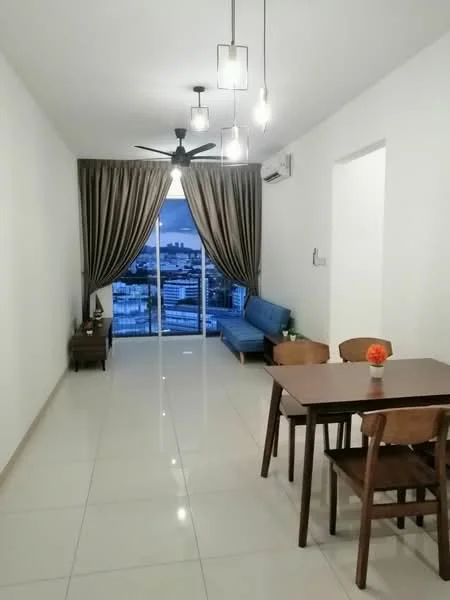Living features: white painted walls, glossy tile flooring, 5-blade ceiling fan with light, floor-to-ceiling windows, sliding glass door, sheer curtains, dark blue fabric sofa, wooden dining table, 4 wooden dining chairs, decorative flower vase on table, wall-mounted split AC; style: modern; view: city.