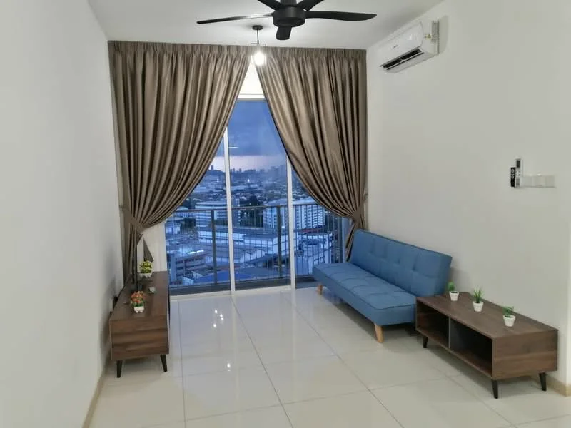 Living features: blue fabric sofa, 2 wooden side tables, white painted walls, glossy tile flooring, floor-to-ceiling windows, sheer curtains, dark brown curtain drapes, wall-mounted air conditioning unit, decorative plants on tables, city view through windows, ceiling fan; style: modern; view: city.