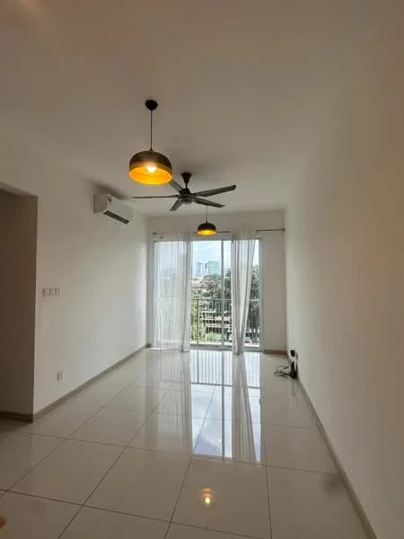 Living features: white painted walls, glossy ceramic tile flooring, 5-blade ceiling fan with integrated light, 2 pendant lights with yellow shades, floor-to-ceiling windows, sheer curtains, wall-mounted split AC, balcony door, open layout; style: modern; view: city.