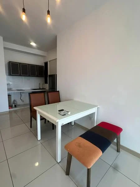 Dining features: white dining table, 4 dining chairs in brown leather, bench seating with multi-colored upholstery, ceramic tile flooring, white painted walls, pendant lighting, open kitchen view, kitchen cabinetry visible in background; style: modern.