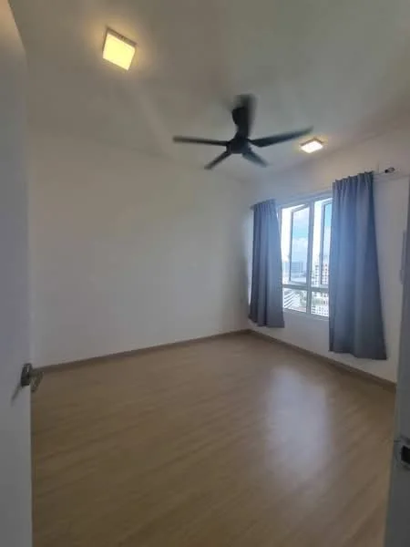 Room features: light wood laminate flooring, white painted walls, 5-blade ceiling fan, floor-to-ceiling windows, grey curtains, natural light, city view; style: modern; view: city.
