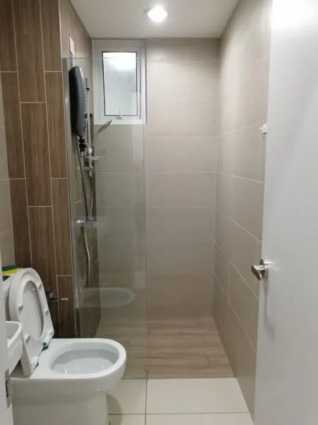 Bathroom features: white toilet, glass shower enclosure, rain shower head, handheld shower, tile flooring, light brown wall tiles, light grey wall tiles, shower water heater, wall-mounted mirror, recessed ceiling lights; style: modern.