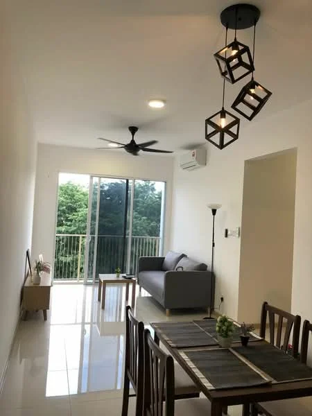 Living features: grey fabric sofa, 4-seater dining table, pendant light with geometric design, 5-blade ceiling fan, floor-to-ceiling windows, sliding glass door, white painted walls, glossy tile flooring, wall-mounted air conditioning unit, decorative floor lamp, small side table, greenery view from windows; style: modern; view: garden.