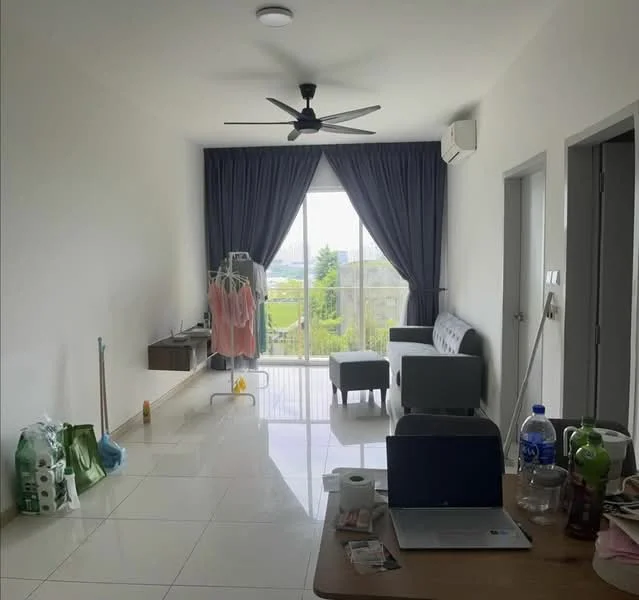 Living features: white painted walls, glossy tile flooring, 5-blade ceiling fan with light, floor-to-ceiling windows, sliding glass door, curtains, sofa in light grey, coffee table, decorative items on table, wall-mounted air conditioning unit, open shelving unit, greenery view from window; style: modern; view: garden.