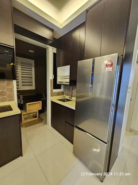 Kitchen features: dark wood cabinetry, light-colored countertop, stainless-steel fridge, built-in oven, single-bowl stainless-steel sink, chrome pull-down faucet, hexagonal tile backsplash, ceramic tile flooring, recessed downlights, sliding door to utility area; style: modern.