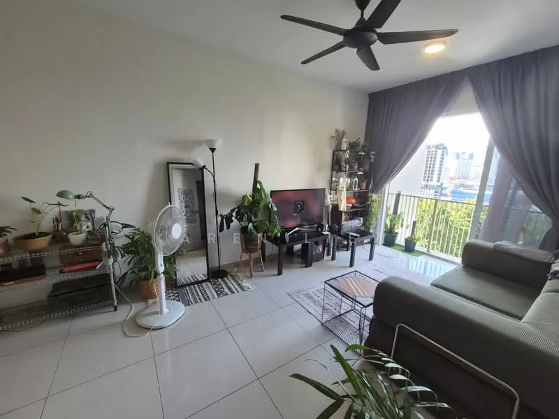 Living features: grey fabric sofa, 3-seater sofa, coffee table, wall-mounted TV, TV console, floor lamp, ceiling fan with light, large window with sheer curtains, decorative plants, area rug, white tiled flooring, green potted plants, decorative shelving unit; style: modern; view: city.