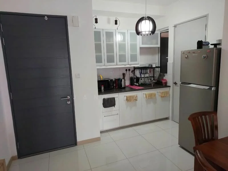 Kitchen features: white cabinetry with glass-front upper cabinets, stainless-steel fridge, built-in oven, 4-burner gas hob, black countertop, white tiled backsplash, single-bowl stainless-steel sink, chrome pull-down faucet, pendant light, white walls, ceramic tile flooring, window with sheer curtains; style: modern.