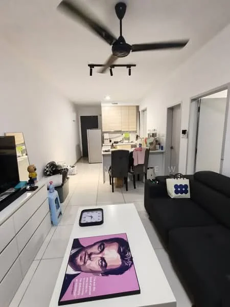Living features: black L-shape sectional sofa, white coffee table, wall-mounted TV, 5-blade ceiling fan with light, tile flooring, white painted walls, decorative wall clock, framed artwork on coffee table, dining table with chairs in background, kitchen area visible in background; style: modern.