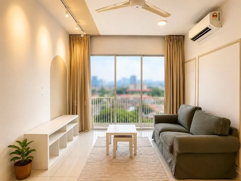 Living features: 3-seater fabric sofa in green, coffee table, TV console, area rug, floor-to-ceiling windows, curtains, 5-blade ceiling fan with light, wall-mounted split AC, white painted walls, tile flooring, decorative plant in pot; style: modern; view: city.