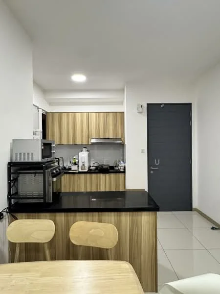 Kitchen features: wood cabinetry, black countertop, stainless-steel sink, built-in oven, microwave, stainless-steel range hood, 4-burner gas hob, tile flooring, recessed downlights, white painted walls, sliding door, kitchen island with seating; style: modern.