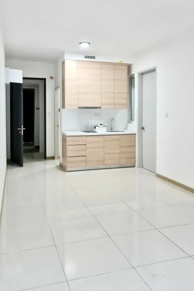 Kitchen features: white tiled flooring, light wood cabinetry, single-bowl stainless-steel sink, chrome pull-down faucet, white backsplash, built-in countertop, recessed ceiling lights, window with view to hallway; style: modern. Room features: white painted walls, door leading to hallway, door leading to unknown room.