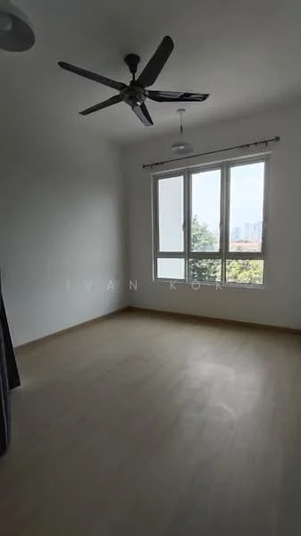 Bedroom features: light wood flooring, white painted walls, 5-blade ceiling fan, two windows with city view, curtains, recessed ceiling lights; style: modern; view: city.
