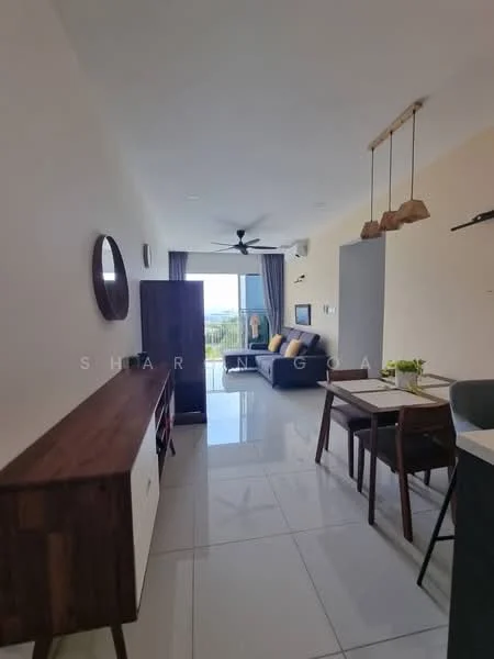 Living features: white painted walls, glossy tile flooring, 5-blade ceiling fan with light, large window with view, curtains, wall-mounted TV, wooden sideboard, dining table with chairs, decorative pendant lights, greenery in vase; style: modern; view: garden.