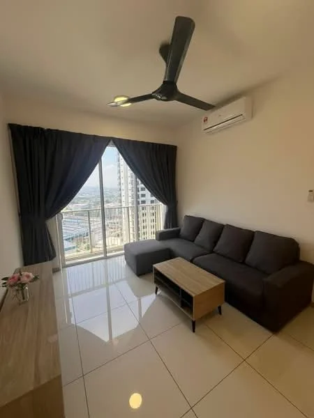 Living features: 3-seater fabric sofa in dark brown, L-shape sectional sofa, coffee table, TV console, floor-to-ceiling windows, blackout curtains, wall-mounted split AC, glossy tile flooring, decorative vase with flowers, ceiling fan with light; style: modern; view: city.