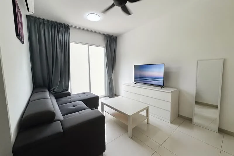 Living features: 3-seater fabric sofa in grey, white coffee table, TV console, wall-mounted TV, floor-to-ceiling sliding glass door, sheer curtains, recessed ceiling light, ceiling fan, white walls, tile flooring, full-length mirror; style: modern.