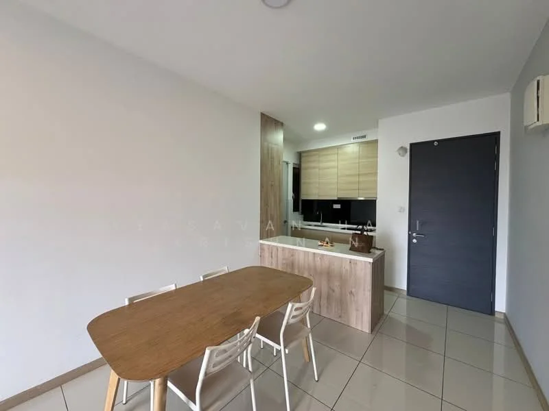 Dining features: wooden dining table, 4 white plastic dining chairs, cream painted walls, tile flooring, recessed downlights, kitchen cabinetry in light wood finish, black countertop, open kitchen layout, door with modern handle, wall-mounted air conditioning unit; style: modern.