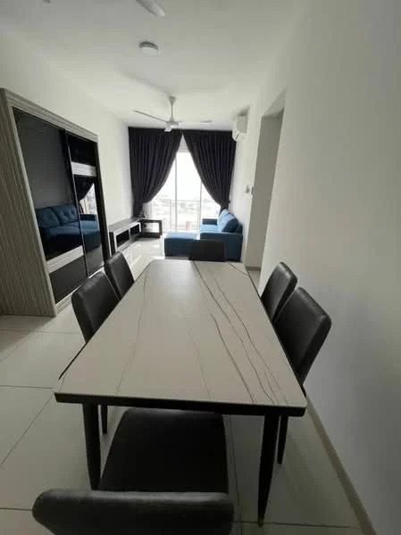 Dining features: dining table with marble top, 6 dining chairs with upholstered seats, white painted walls, tile flooring, ceiling fan, floor-to-ceiling windows, curtains, wall-mounted TV, black entertainment unit, sofa in blue fabric; style: modern; view: city.