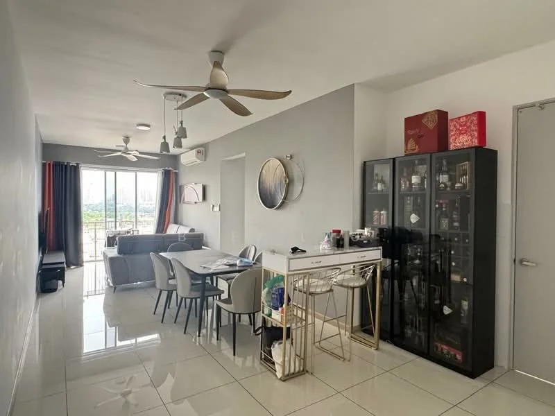 Living features: 3-seater fabric sofa in grey, 2 ceiling fans, glass coffee table, TV console, wall-mounted TV, area rug, floor-to-ceiling windows, sliding glass door, curtains, white painted walls, polished ceramic tile flooring, decorative wall mirror; style: modern; view: city. Dining features: 6-seater dining table, upholstered dining chairs, bar cart, black glass cabinet, decorative items on shelves; style: modern; view: city.
