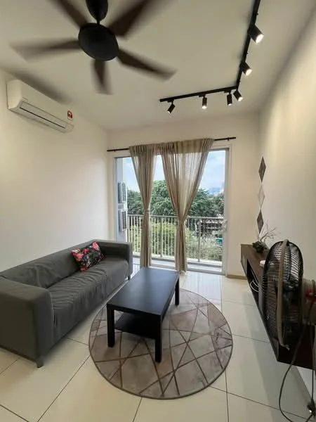 Living features: 3-seater fabric sofa in grey, coffee table, area rug with geometric pattern, wall-mounted TV, TV console, floor-to-ceiling windows, sheer curtains, 1 wall-mounted split AC, 5-blade ceiling fan with light, decorative wall art, light-colored walls, tile flooring; style: modern; view: garden.