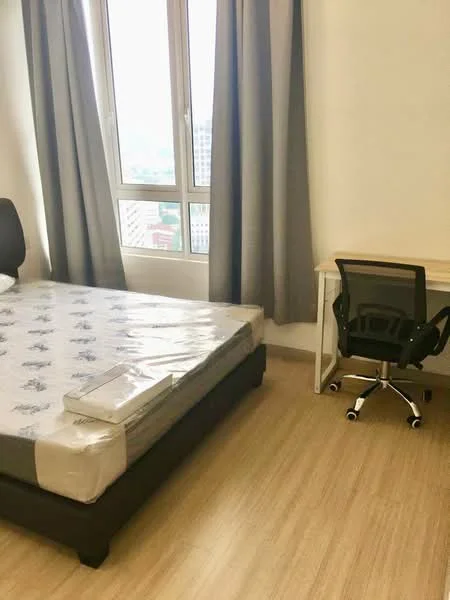 Bedroom features: queen-size bed with mattress, floor-to-ceiling windows, grey curtains, wooden flooring, study desk, ergonomic office chair, white walls, decorative wall art; style: modern; view: city.