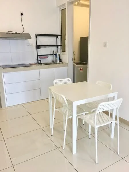 Kitchen features: white cabinetry, stainless-steel sink, chrome faucet, white tiled backsplash, built-in stove, white countertop, 4-seater dining table, 4 white chairs, ceramic tile flooring, wall-mounted shelving, refrigerator visible in background; style: modern.