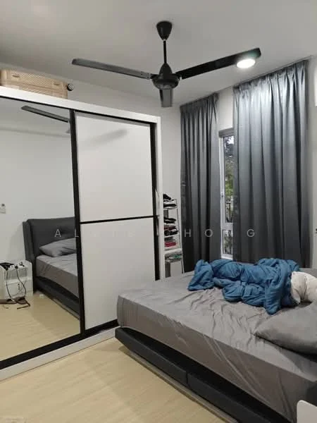 Bedroom features: queen-size bed with grey bedding, upholstered headboard, black ceiling fan with light, floor-to-ceiling mirror wardrobe, grey curtains, laminate flooring, nightstand with lamp, decorative throw blanket; style: modern.