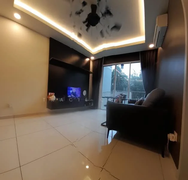 Living features: white painted walls, dark accent wall, tray ceiling with LED lighting, polished ceramic tile flooring, 5-blade ceiling fan with light, wall-mounted TV, sofa in grey fabric, large sliding glass door, curtains, air conditioning unit; style: modern; view: garden.