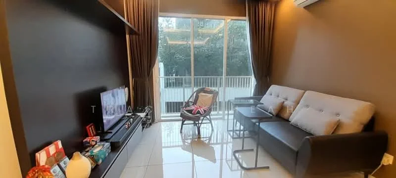 Living features: grey fabric 3-seater sofa, black leather 2-seater sofa, glass coffee table, TV console, wall-mounted TV, floor-to-ceiling windows, curtains, white tiled flooring, decorative wall shelf, indoor plants; style: modern; view: garden.