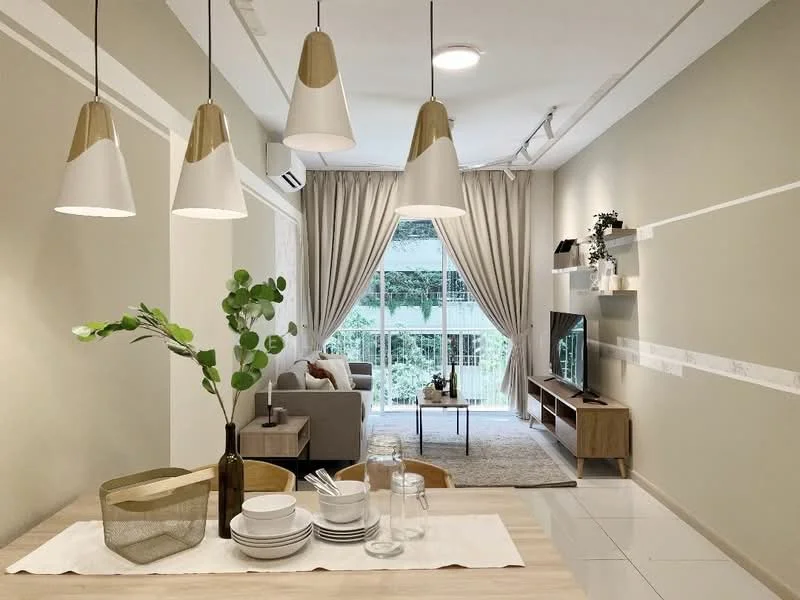 Living features: light grey fabric sofa, wooden coffee table, TV console, wall-mounted TV, area rug, 5-blade ceiling fan with light, floor-to-ceiling windows, curtains, decorative wall shelving, greenery in ceramic pot, dining table with tableware, white walls with accent strip, recessed lighting; style: modern; view: garden.