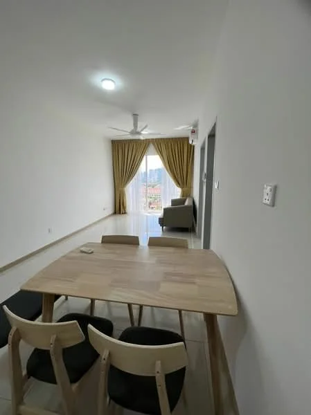 Dining features: wooden dining table, 4 dining chairs, light-colored walls, tile flooring, 5-blade ceiling fan with light, floor-to-ceiling windows, curtains, sofa in background; style: modern; view: city.