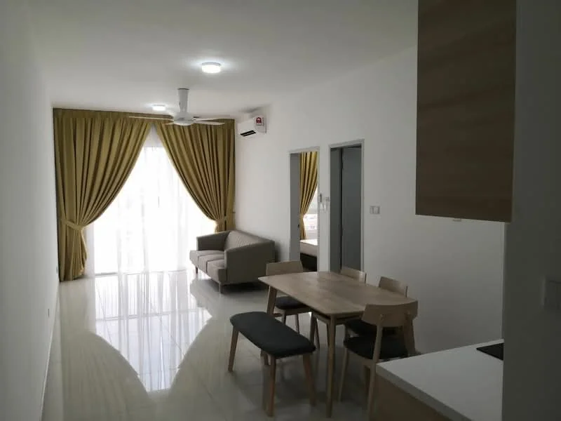 Living features: 3-seater fabric sofa in light grey, dining table with 4 wooden chairs, black bench seating, floor-to-ceiling windows, sheer curtains, 5-blade ceiling fan with light, wall-mounted split AC, polished marble flooring, white painted walls, recessed downlights; style: modern.