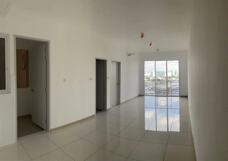 Room features: white painted walls, glossy ceramic tile flooring, floor-to-ceiling windows, sliding glass door, natural light from windows, neutral ceiling, no visible furniture, city view from windows; style: modern; view: city.