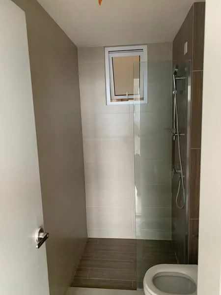 Bathroom features: walk-in shower with glass enclosure, rain shower head, handheld shower, tile cladding on walls, light brown ceramic tile flooring, white toilet, window for natural light, chrome shower fixtures, neutral wall color; style: modern.