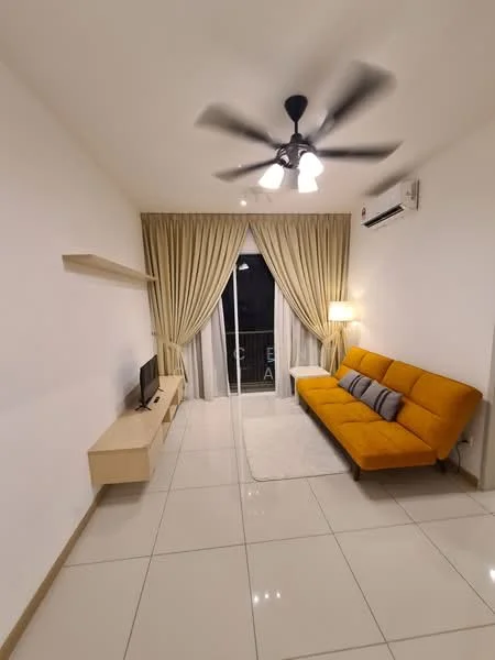 Living features: orange fabric sofa, flat-screen TV on light wood console, white painted walls, glossy white tile flooring, 5-blade ceiling fan with light, curtains in light beige, sliding glass door, lampshade floor lamp; style: modern.